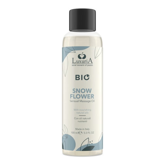 Ulei de masaj LUXURIA Bio Snow Flower, cu uleiuri naturale, fără parabeni, aromă fructată și florală, 100 ml (albastru)