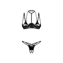 Lenjerie sexy 2 piese OBSESSIVE Rolleya, cu decupaje, sutien lucios cu choker, chilot crotchless, negru, mărime S/M