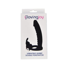 Strap-On LovingJoy - Vibrating Rabbit, cu dublă penetrare, si stimularea clitorisului, 14 cm, Negru