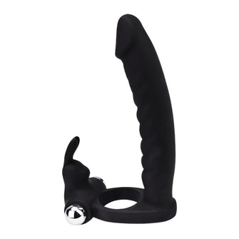 Strap-On LovingJoy - Vibrating Rabbit, cu dublă penetrare, si stimularea clitorisului, 14 cm, Negru