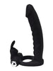 Strap-On LovingJoy - Vibrating Rabbit, cu dublă penetrare, si stimularea clitorisului, 14 cm, Negru
