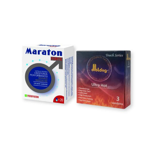 Pachet pentru bărbați: Capsule afrodisiace MARATON FORTE, 20 buc + Prezervative DIBLONG Ultra Hot, 3 buc