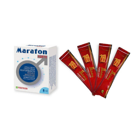 Pachet pentru bărbați: Capsule afrodisiace MARATON FORTE, 4 buc + Miere afrodisiacă DIBLONG Honey, 4 plicuri