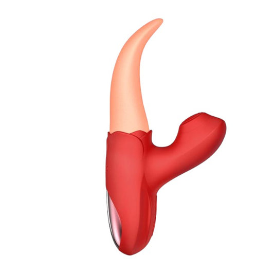 Vibrator dublu în formă de limbă MARTINELLA Crazy Tongue, cu 10 funcții de vibrație, cu stimulator clitoris cu 10 funcții de pulsații, roșu