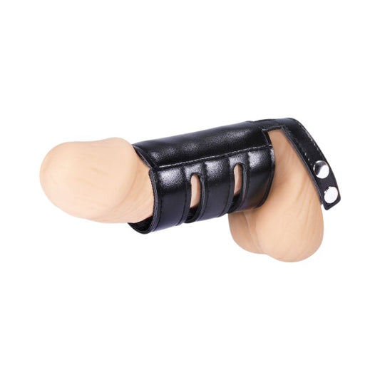 Ham pentru penis MEN’S EXPERT Cock Strap with Sheath, ajustabil, pentru jocuri erotice BDSM, negru cu argintiu