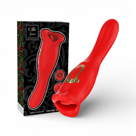 Vibrator MIA Siena Triple Pleasure, 10 funcții de vibrație și stimulare clitoridiană, design în formă de gură, rezistent la apă, roșu