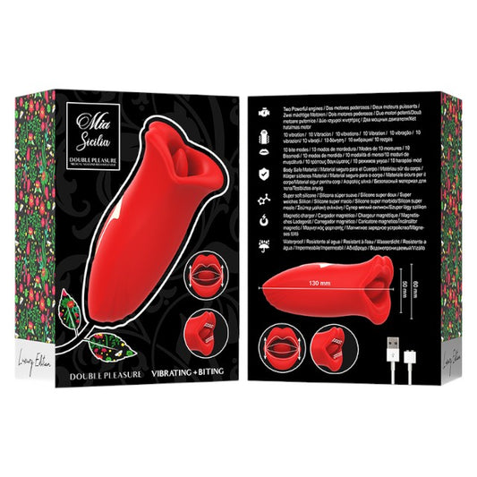 Stimulator clitoris MIA SICILIA Double Pleasure, cu funcție de vibrație și mușcătură, în formă de trandafir, roșu
