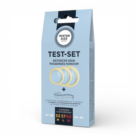 Set 3 prezervative MISTER SIZE Test Set, cu bandă de măsurare, lubrifiate, din latex, diametru 53/57/60 mm