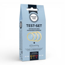 Set 3 prezervative MISTER SIZE Test Set, cu bandă de măsurare, lubrifiate, din latex, diametru 53/57/60 mm