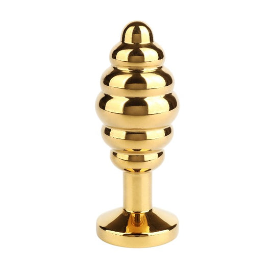 Plug anal MR. STEEL Twister Butt Plug Large, din oțel inoxidabil, cu striații și bază cu cristal, lungime 10 cm (mare), auriu