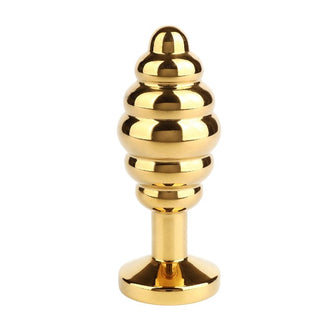 Plug anal MR. STEEL Twister Butt Plug Large, din oțel inoxidabil, cu striații și bază cu cristal, lungime 10 cm (mare), auriu