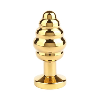 Plug anal MR. STEEL Twister Butt Plug Small, din oțel inoxidabil, cu striații și bază cu cristal, lungime 5.7 cm (mic), auriu
