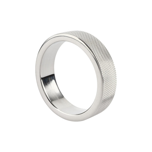 Inel pentru penis MR. STEEL CrissCross C-Ring, cu design geometric, din oțel inoxidabil, diametru 5 cm (mediu), argintiu