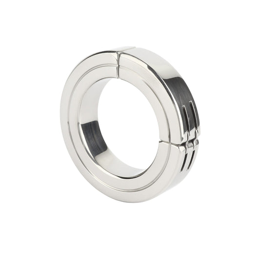 Inel pentru penis MR. STEEL Hinged Magnetic Cockring, din oțel inoxidabil, cu balama magnetică, diametru 5 cm, argintiu