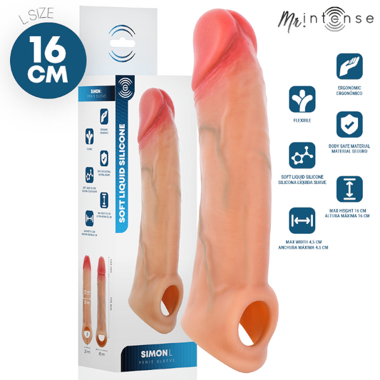 Manșon realist MR INTENSE Simon L, pentru extensia și îngroșarea penisului, lungime inserabilă 11.5 cm, +4.5 cm, culoarea pielii
