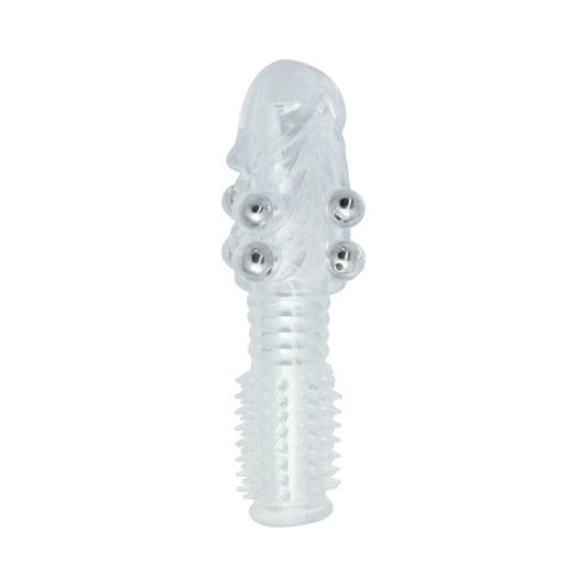 Manșon pentru penis TOYZ4LOVERS Stretchy Penis, texturat, cu bile de metal, din TPE, lungime 13.5 cm, diametru 2 cm, transparent