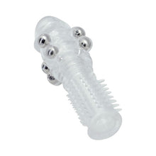 Manșon pentru penis TOYZ4LOVERS Stretchy Penis, texturat, cu bile de metal, din TPE, lungime 13.5 cm, diametru 2 cm, transparent