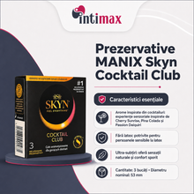 Prezervative MANIX Skyn Cocktail Club, aromate, fără latex, ultra-subțiri și rezistente, diametru 53 mm, 3 bucăți