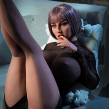 Păpușă realistă pentru sex MODEL 283, păr mov, cu sâni giganți și forme voluptoase, 3 orificii de penetrare, din TPE premium, înălțime 157 cm, 33 kg