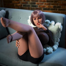 Păpușă realistă pentru sex MODEL 283, păr mov, cu sâni giganți și forme voluptoase, 3 orificii de penetrare, din TPE premium, înălțime 157 cm, 33 kg