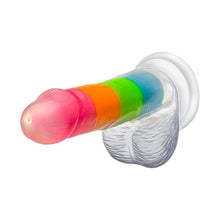 Dildo NEO Elite Glow In The Dark Rainbow Rave, din silicon lichid, bază cu ventuză, lungime 16.5 cm, multicolor fosforescent