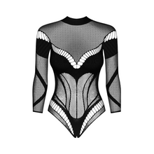 Lenjerie sexy teddy OBSESSIVE, cu spatele gol, din plasă delicată, model geometric, crotchless, culoare negru, mărime S/M/L (model B135)