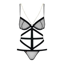 Lenjerie sexy teddy OBSESSIVE Bondy, cupe transparente din plasă, lanțuri fine tip bijuterie, model tanga, culoare negru, mărime S/M