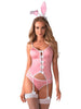 Costum sexy iepuraș OBSESSIVE Bunny Costume, corset cu jartiere + chilot cu coadă de iepuraș + bentiță cu urechi + ciorapi, roz cu alb, mărime L/XL