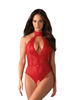 Lenjerie sexy teddy OBSESSIVE Dagmarie, din dantelă, decolteu adânc, spate gol, crotchless, culoare roșu, mărime XS/S