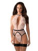 Lenjerie sexy 2 piese OBSESSIVE Lilines Body, teddy din dantelă și portjartier din plasă, culoare roz pastel cu negru, mărime S/M
