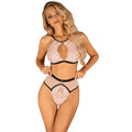 Lenjerie sexy 2 piese OBSESSIVE Lilines Set, cu sutien și chiloți cu talie înaltă, design cu dantelă și plasă, roz pastel cu negru, mărime S/M