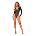 Lenjerie sexy teddy OBSESSIVE Merlys, body cu mâneci lungi, din dantelă, detalii cu șnur pe șolduri, culoare negru, mărime XS/S