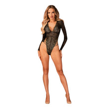 Lenjerie sexy teddy OBSESSIVE Merlys, body cu mâneci lungi, din dantelă, detalii cu șnur pe șolduri, culoare negru, mărime XS/S