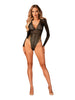 Lenjerie sexy teddy OBSESSIVE Merlys, body cu mâneci lungi, din dantelă, detalii cu șnur pe șolduri, culoare negru, mărime XS/S