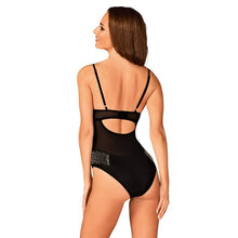 Lenjerie sexy teddy OBSESSIVE Milladis, body erotic cu lanțuri argintii și plasă transparentă, culoare negru, mărime M/L