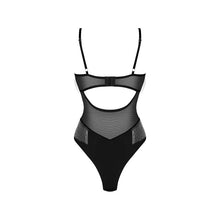 Lenjerie sexy teddy OBSESSIVE Milladis, body erotic cu lanțuri argintii și plasă transparentă, culoare negru, mărime M/L