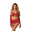 Lenjerie sexy 4 piese OBSESSIVE Rossay Red, sutien cu ciucuri fără cupe, tanga crotchless, mănuși cu ciucuri și curea decorativă, culoare roșu, mărime S/M