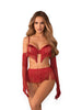 Lenjerie sexy 4 piese OBSESSIVE Rossay Red, sutien cu ciucuri fără cupe, tanga crotchless, mănuși cu ciucuri și curea decorativă, culoare roșu, mărime S/M