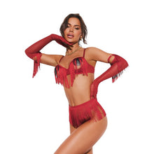 Lenjerie sexy 4 piese OBSESSIVE Rossay Red, sutien cu ciucuri fără cupe, tanga crotchless, mănuși cu ciucuri și curea decorativă, culoare roșu, mărime L/XL
