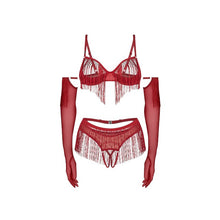 Lenjerie sexy 4 piese OBSESSIVE Rossay Red, sutien cu ciucuri fără cupe, tanga crotchless, mănuși cu ciucuri și curea decorativă, culoare roșu, mărime L/XL