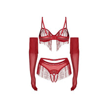 Lenjerie sexy 4 piese OBSESSIVE Rossay Red, sutien cu ciucuri fără cupe, tanga crotchless, mănuși cu ciucuri și curea decorativă, culoare roșu, mărime L/XL
