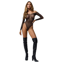Lenjerie sexy teddy OBSESSIVE Sparklissa, body cu mâneci lungi din plasă, cu pietre strălucitoare, spate gol, culoare negru, mărime universală