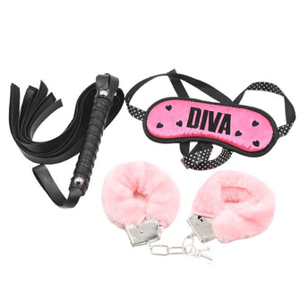 Set 3 jucarii erotice BDSM OHMAMA Fetish cu catuse pufoase roz, bici si masca cu mesaj DIVA, pentru jocuri in cuplu