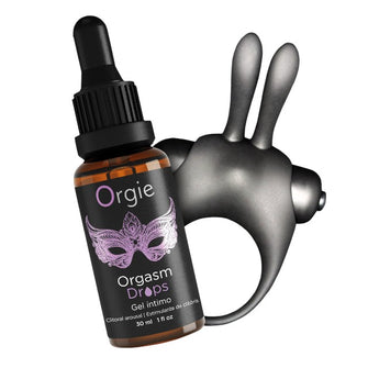 Set ORGIE Orgasmic Bunny, gel intim Orgasm Drops cu efect de răcire și încălzire + inel pentru penis cu 10 funcții de vibrație (mov)
