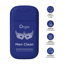 Spray intim ORGIE Men Clean, pentru igiena intimă masculină, textură non-lipicioasă, miros subtil de aloe, testat dermatologic, 30 ml