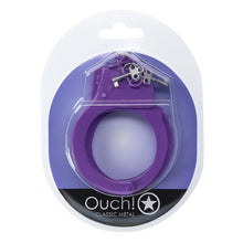 Cătușe OUCH! Classic Metal Handcuffs Purple, pentru jocuri erotice BDSM, cu buton de eliberare rapidă, mărime reglabilă, mov