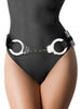 Curea sexy OUCH! Cuff Belt, pentru jocuri erotice BDSM, cu cătușe și inele de prindere, mărime ajustabilă, negru cu argintiu