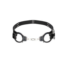 Curea sexy OUCH! Cuff Belt, pentru jocuri erotice BDSM, cu cătușe și inele de prindere, mărime ajustabilă, negru cu argintiu