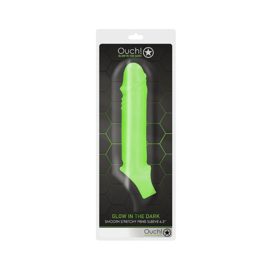 Manșon realist pentru penis OUCH! Glow In The Dark Penis Sleeve 6.3”, cu inel pentru testicule, 15.5 cm, verde fosforescent
