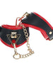 Cătușe OUCH! Handcuffs - Milan Collection, pentru jocuri erotice BDSM, cu lanț auriu, din piele îmbinată, culoare negru cu roșu